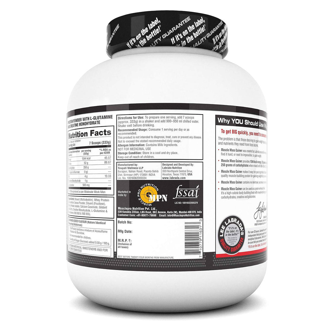 Labrada mass Gainer | 3kg Post-Workout, 52g Protein, 250g Carbs,1g Creatine, 500mg L-Carnitine