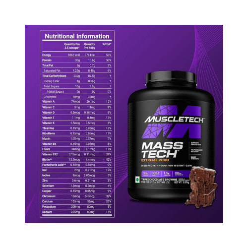 MuscleTech Veg Mass Gainer-Triple Chocolate Brownie (3Kg Powder(10 Servings)-MassTech Extreme 2000  Weight Gainer 30g Protein