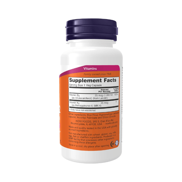 NOW Foods Vitamin D-3 & K-2, 1,000 IU/45 mcg, 120 veg Capsules