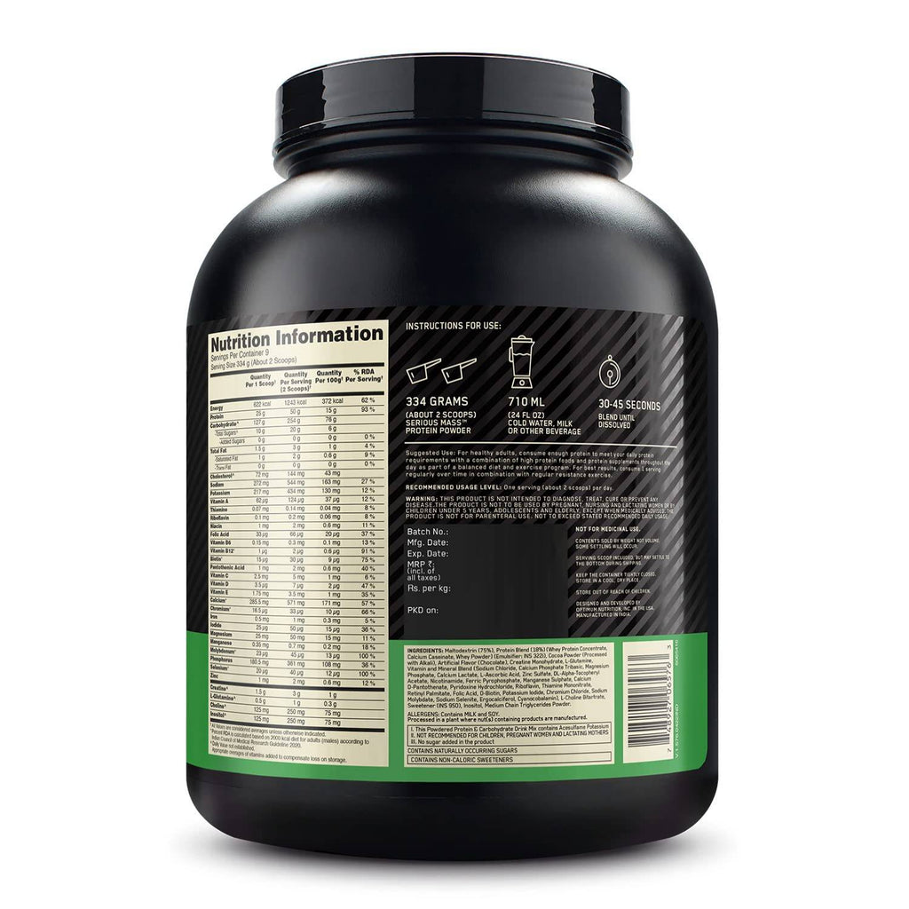 OPTIMUM NUTRITION (ON) Serious Mass High Protein High Calorie Weight Gainer Powder - 3 kg (Chocolate)  Vegetarian Optimum Nutrition