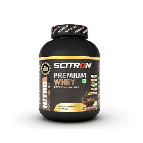 SCITRON Nitro Series Premium Whey 2Kg Rich Chocolate (58 Servings, 25g Protein, 9.5g BCAAs, 15.7g EAAs, 0g Sugar)